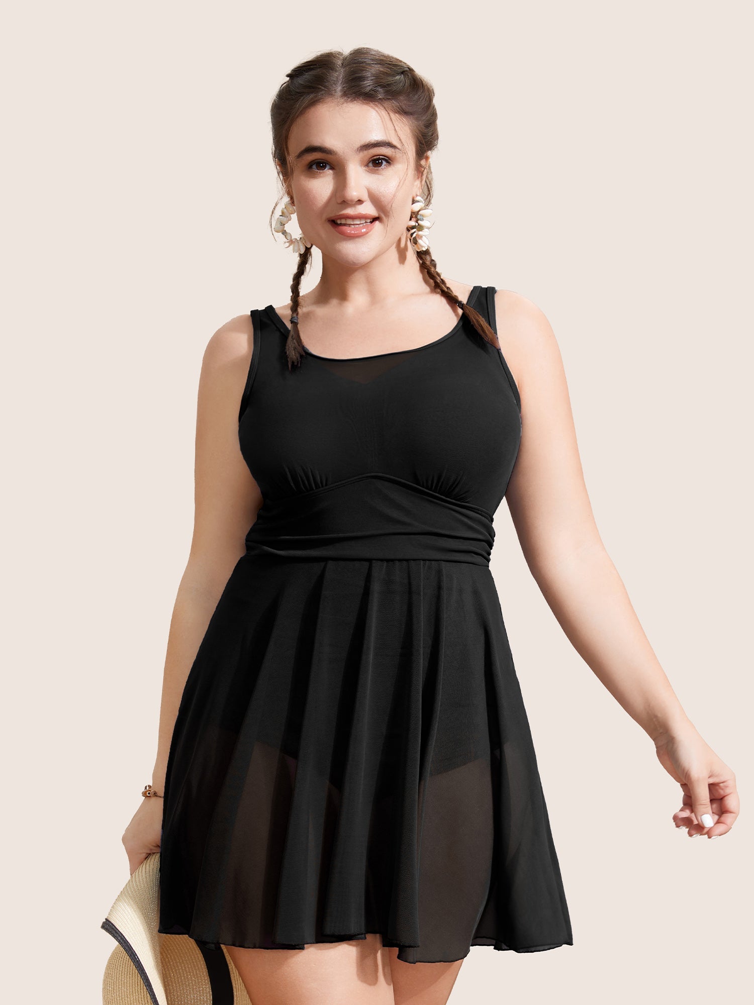 See Through Patchwork Gathered Swim Dress
