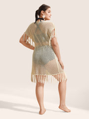 Solid Cut Out Drawstring Tassel Trim Swim Cover Up