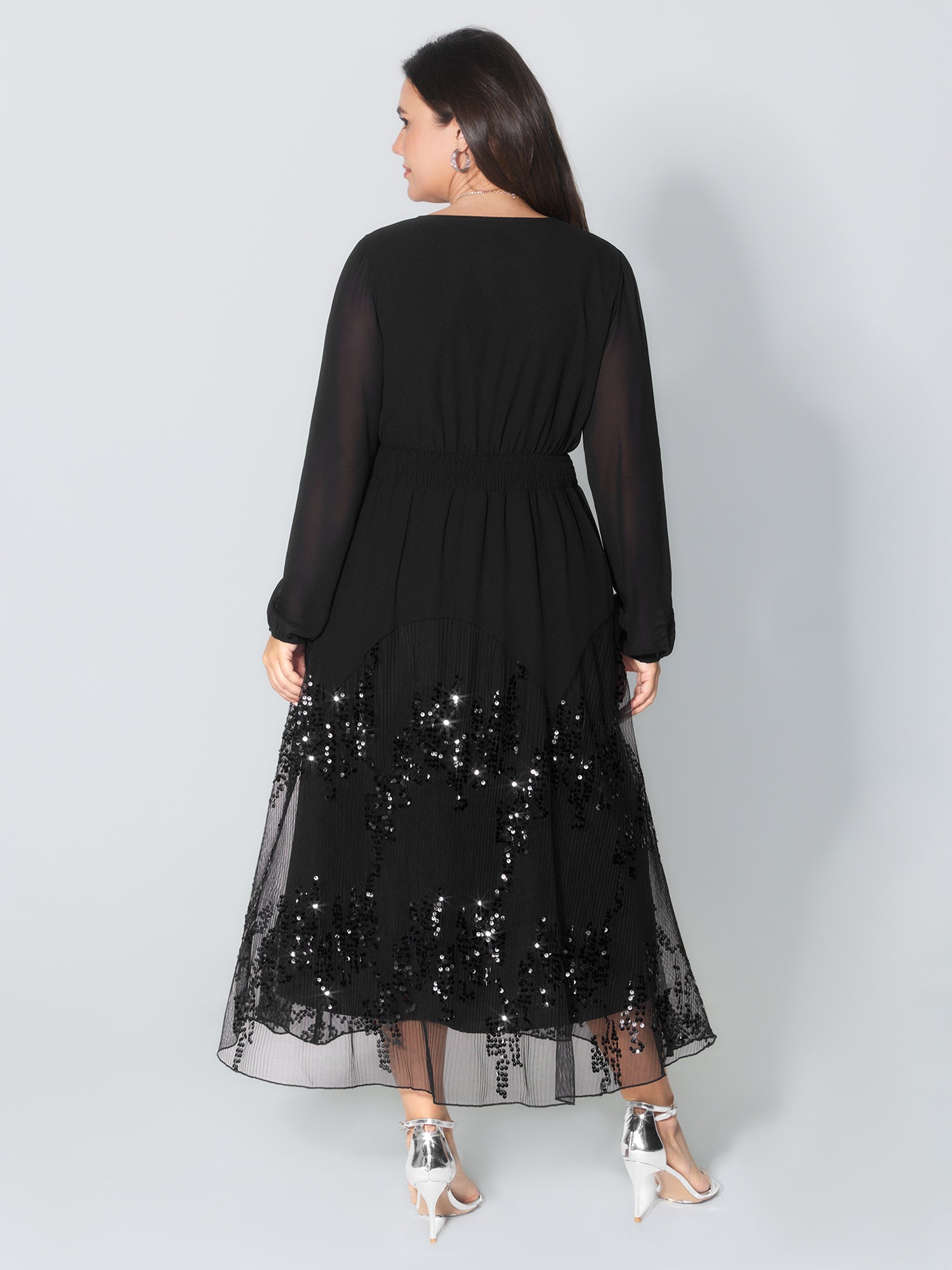 Sequin Mesh Asymmetrical Hem Maxi Dress