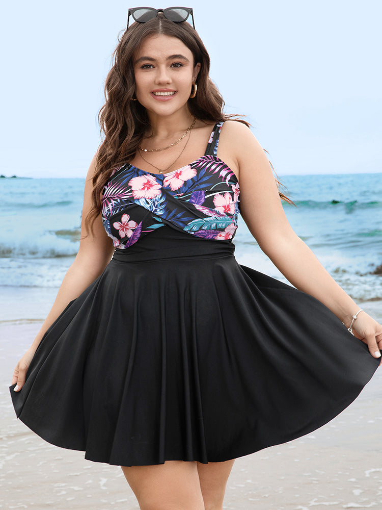 Floral Patchwork Flutter Hem Empire Waist Swim Dress