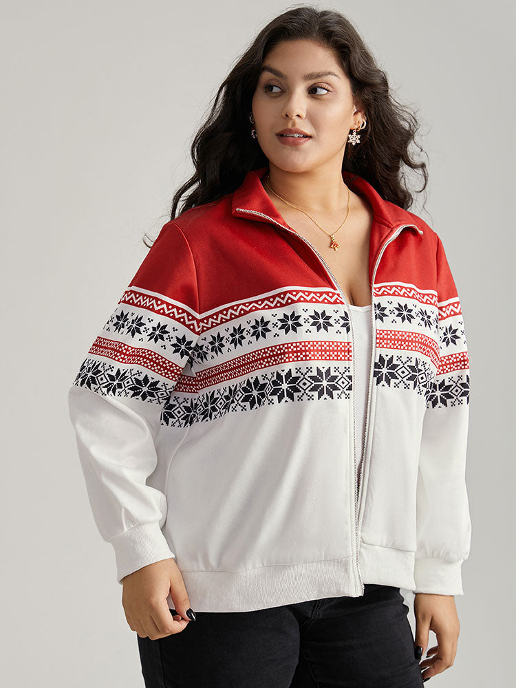 Christmas Snowflake Zipper Contrast Jacket