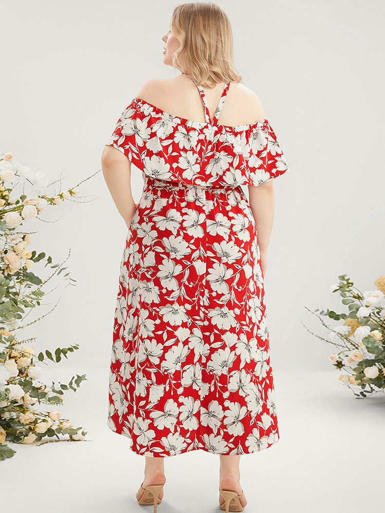 Floral Print Pocket Ruffles Trim Split Halter Maxi Dress