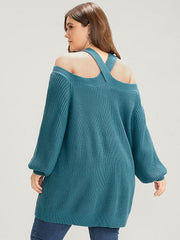 Solid Pointelle Knit Lantern Sleeve Cold Shoulder Knit Top