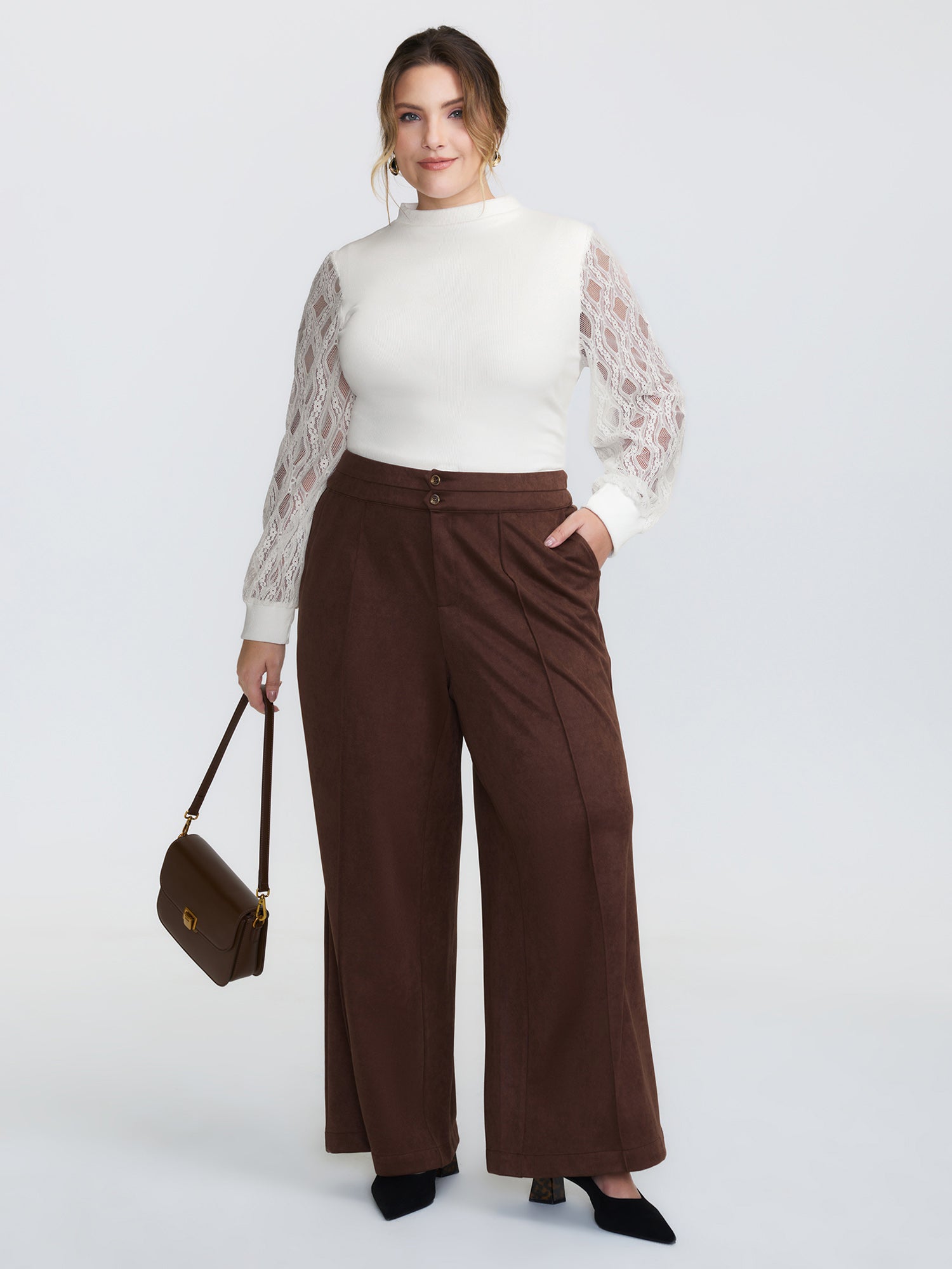 Sheer Lace Trim Mockneck Knit Top