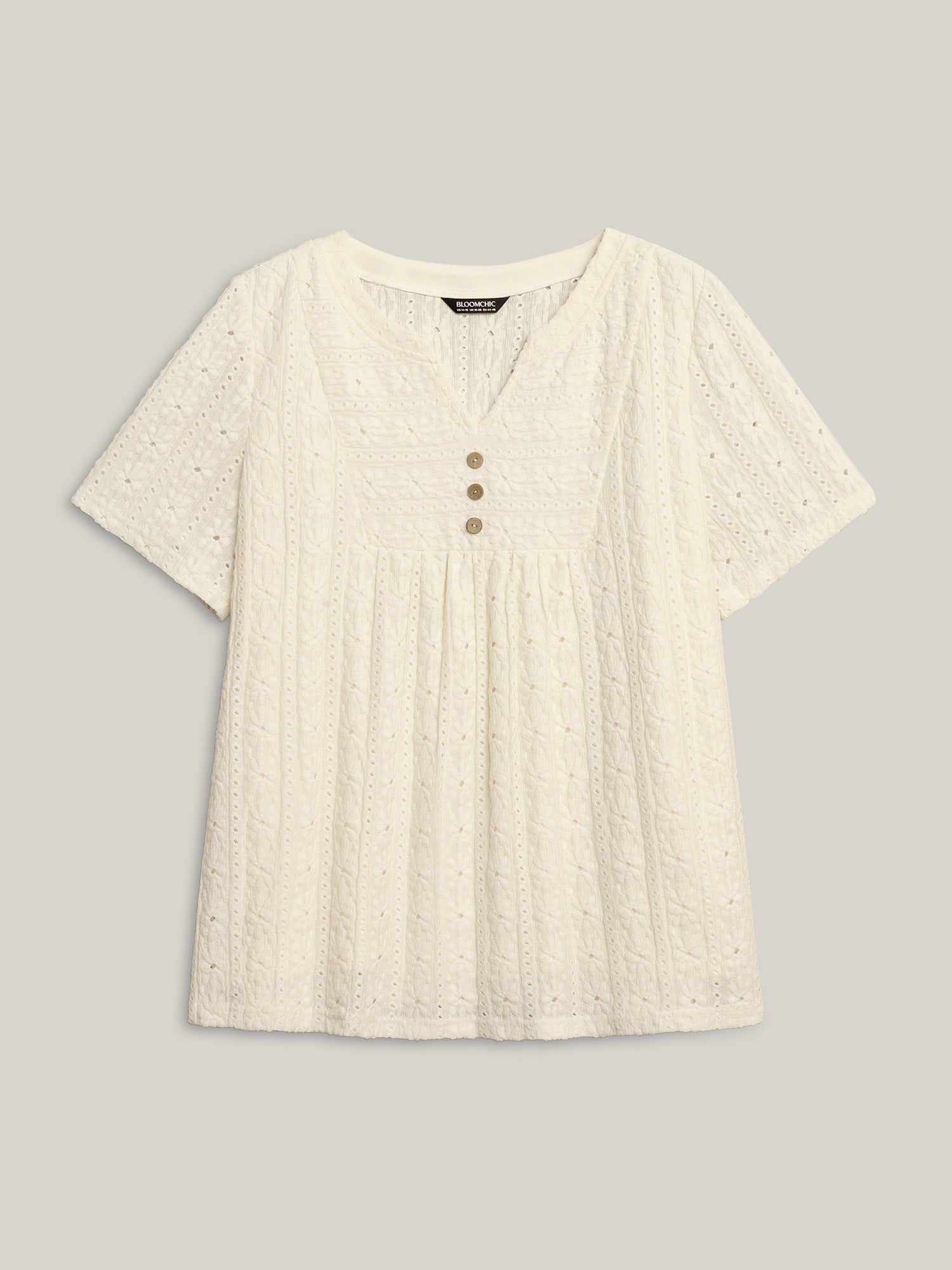 Textured Pleated Split Neck T-Shirt