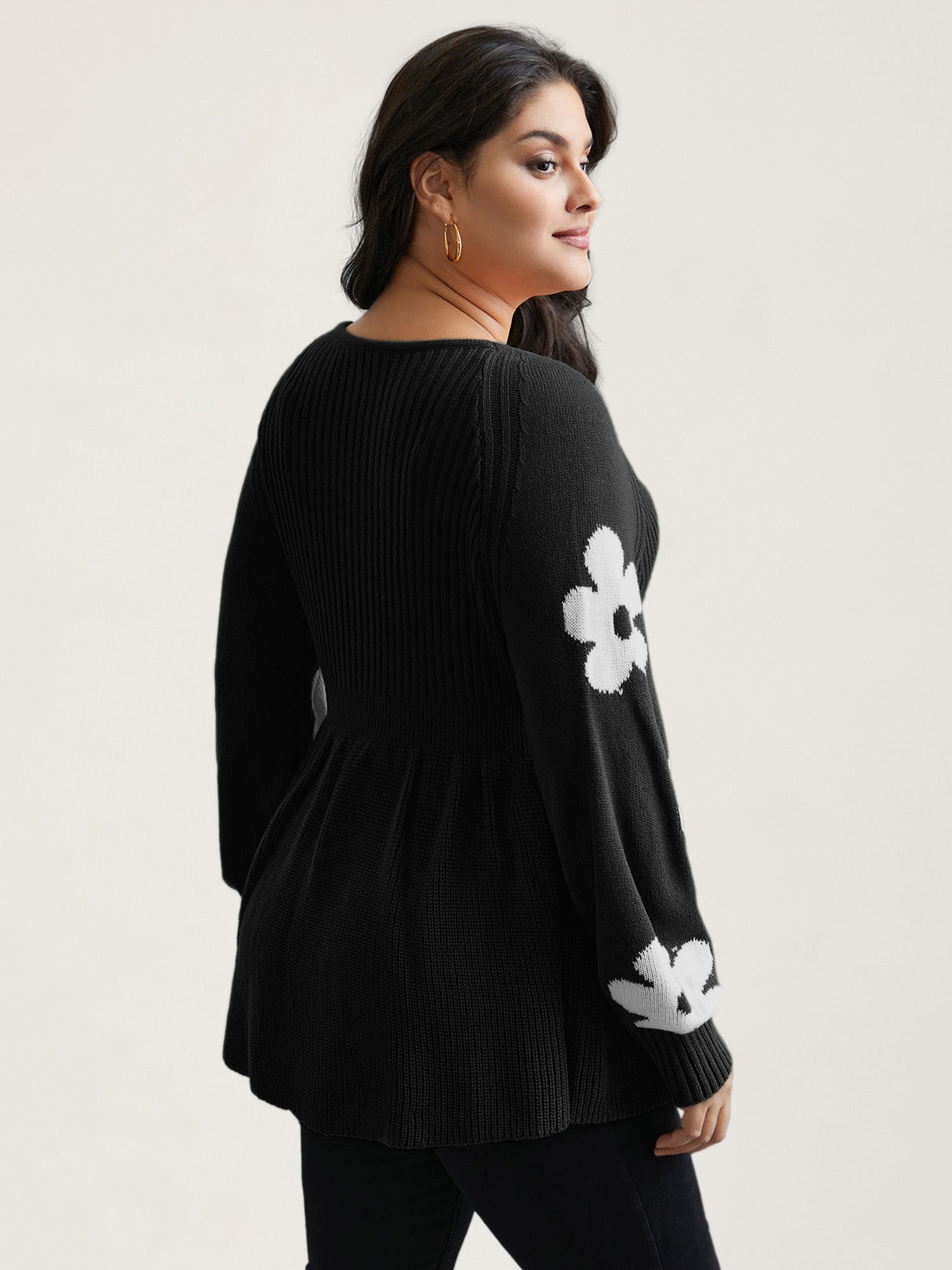 Floral Patch Jacquard Cinched Waist Pullover