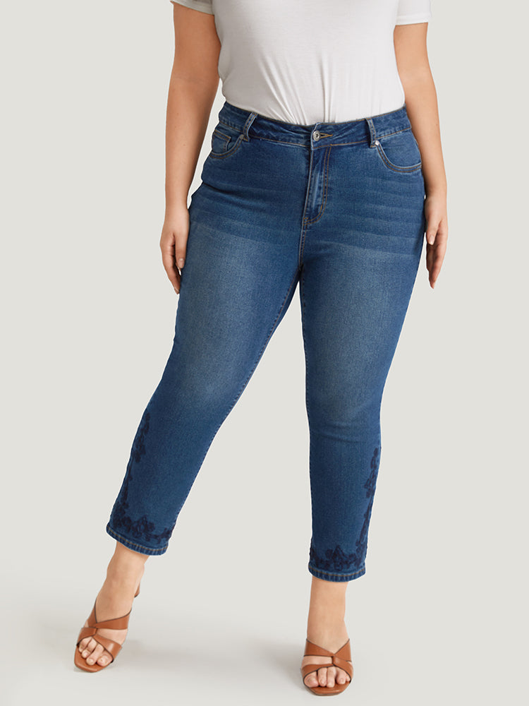 Floral Embroidered High Rise Dark Wash Jeans