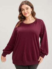 Solid Pearls Beaded Raglan Sleeve Drop Shoulder Sweatshirt