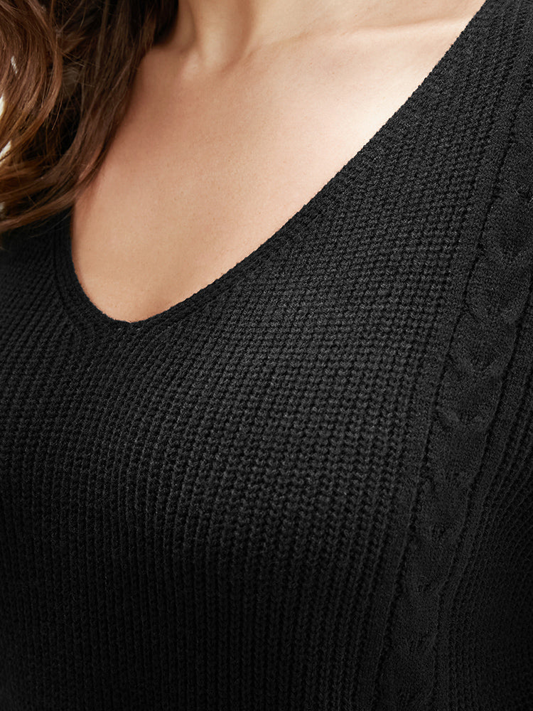 Solid Pointelle Knit Lantern Sleeve Cut Out Split Knit Top