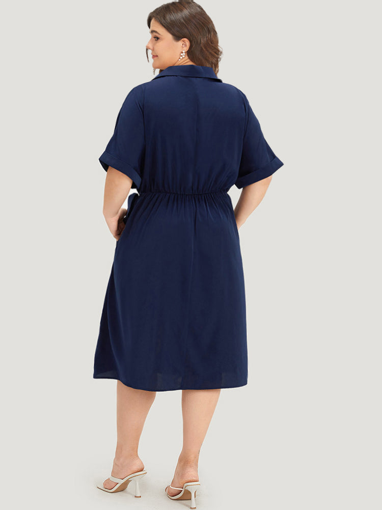 Shirt Collar Split Hem Wrap Pocket Knot Gathered Dress