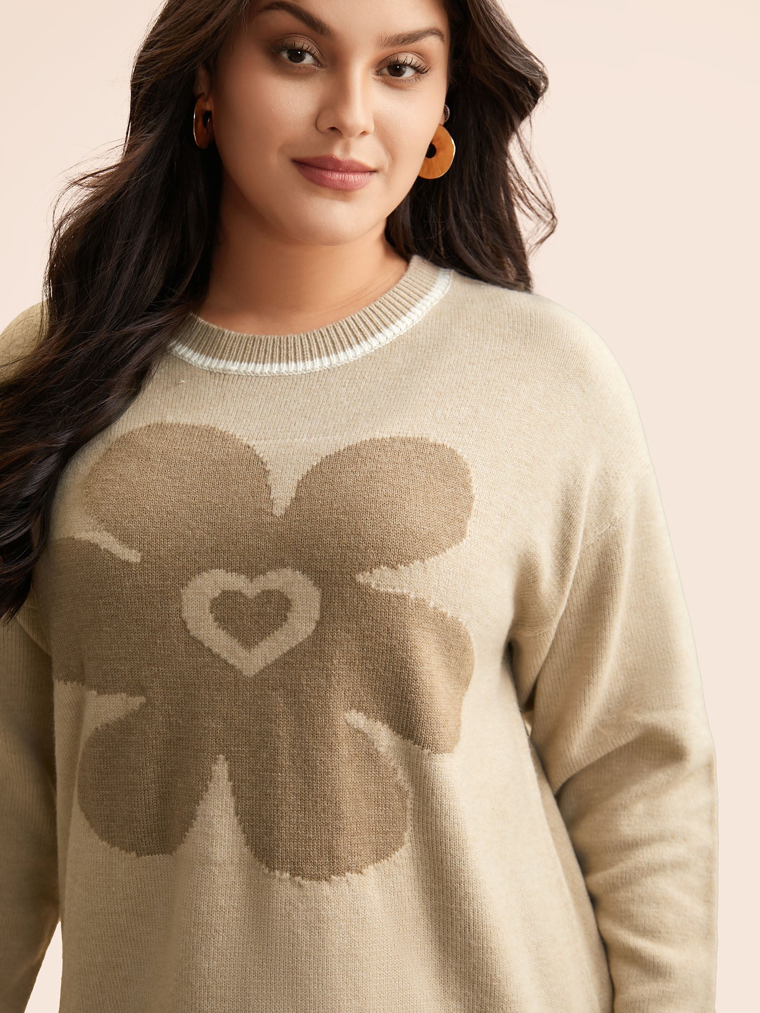 Floral Jacquard Contrast Trim Slit Hem Pullover