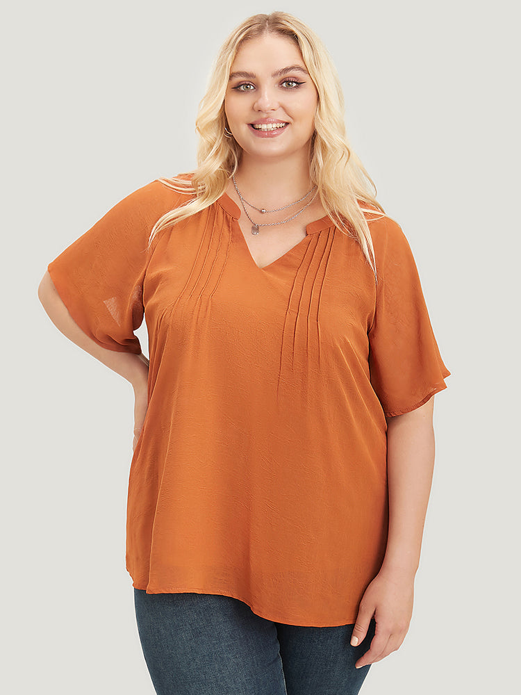 Solid Notched Pleated Mesh Raglan Sleeve Blouse