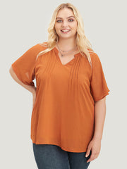 Solid Notched Pleated Mesh Raglan Sleeve Blouse