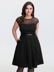 Sheer Polka Dots Neckline Belted Midi Dress