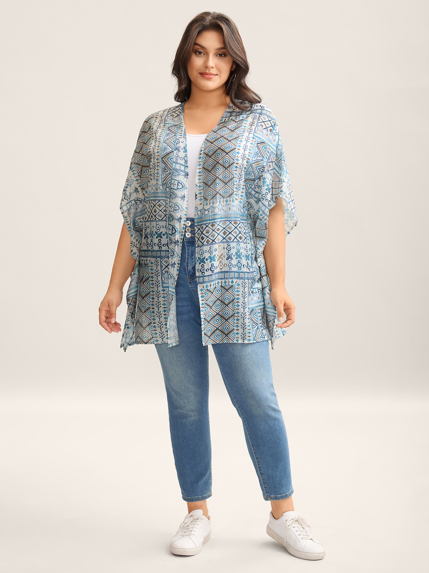 Abstract Print Flowy Sleeve Kimono