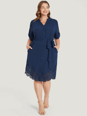 Solid Cuffed Sleeve Button Up Belted Laser Cut Arc Hem Dress