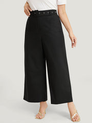 Solid Pocket Eyelet Detail Buckle Belted Pants