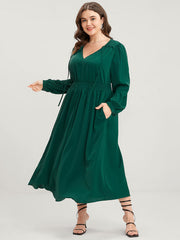 Solid Pocket Shirred Tie V Neck Ruffle Hem Dress