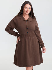 Cinched-Waist Collar Button Sweater Dress