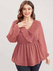 Solid Lantern Sleeve Pleated Ruffle Trim Wrap Blouse