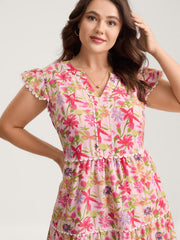 Floral Color Block Lace Trim Midi Dress