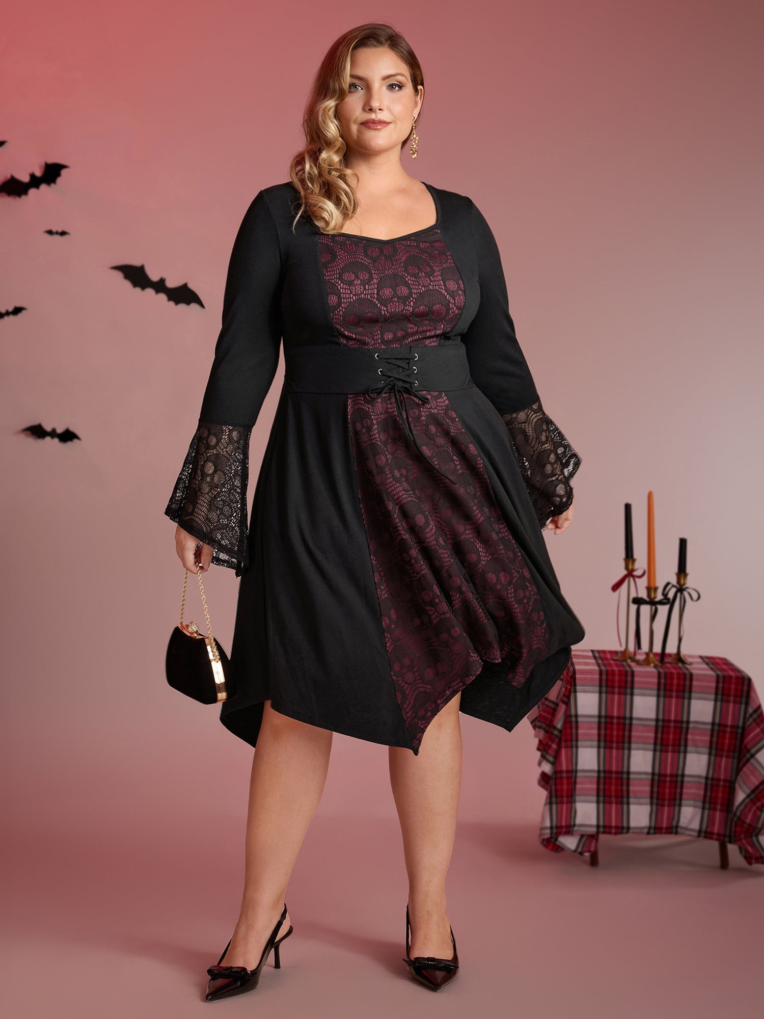 Skull Wide-Waist Tie Contrast Midi Dress