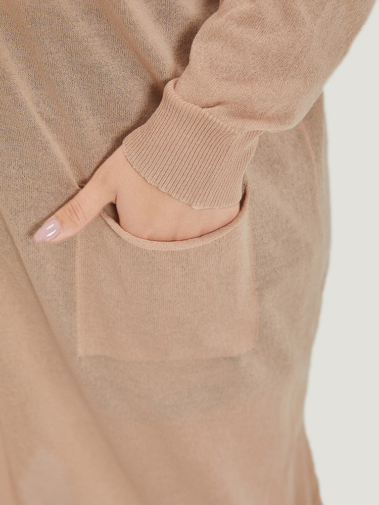Solid Patched Pocket Open Front Breathable Maxi Cardigan