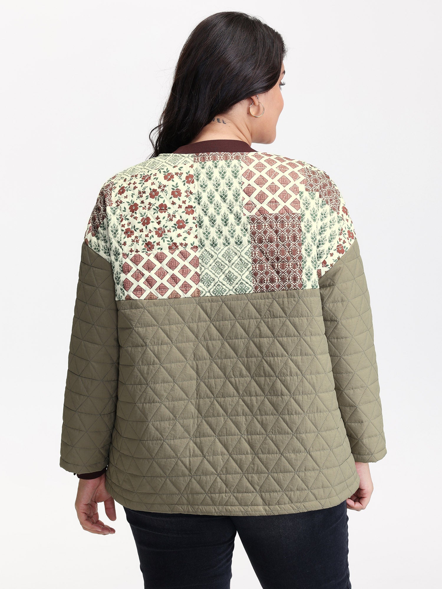 Floral Collage Print Pockets Quilted Jacket