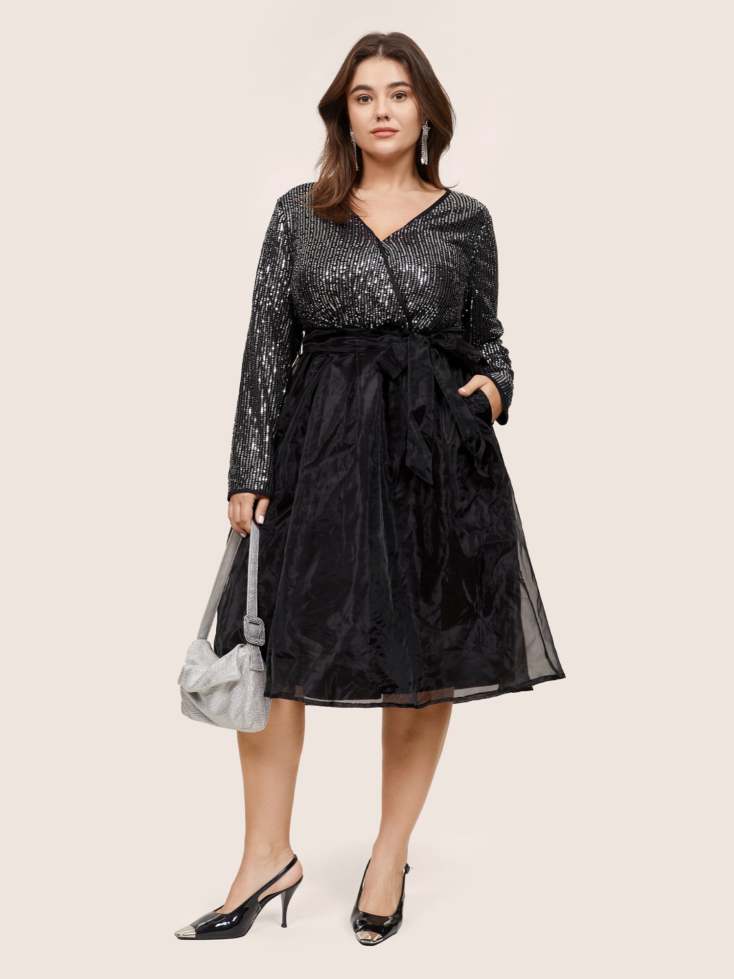 Sequin Mesh Patchwork Wrap Belted Dress