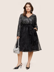 Sequin Mesh Patchwork Wrap Belted Dress