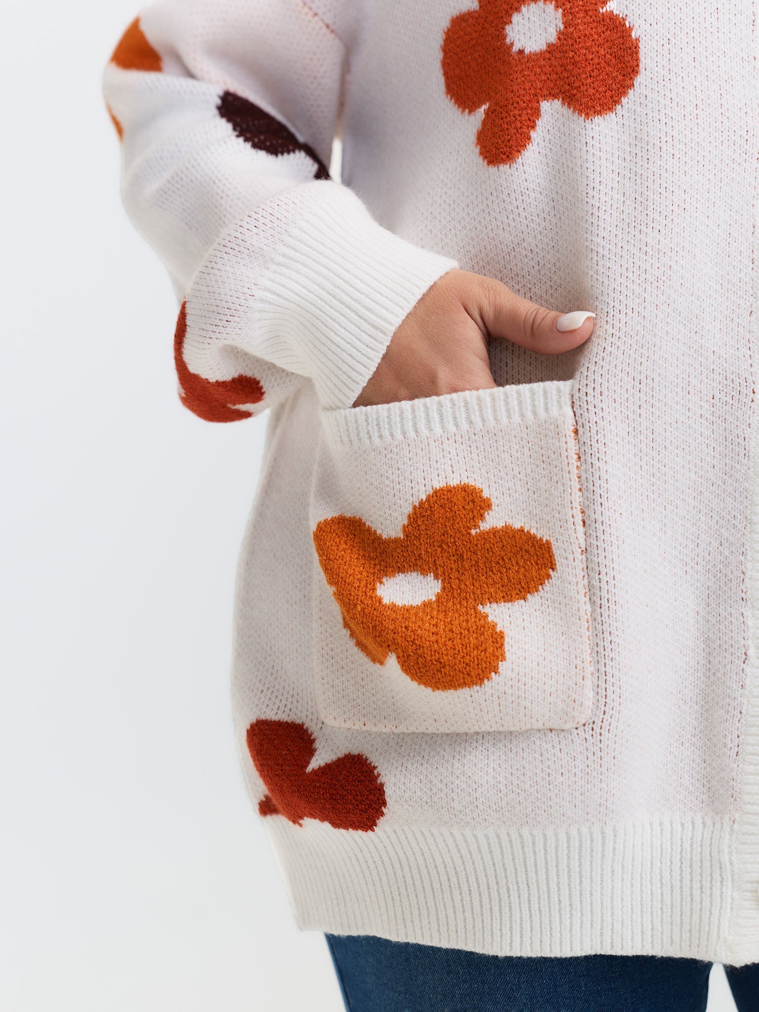 Floral Print Pockets Button-Front Knit Cardigan