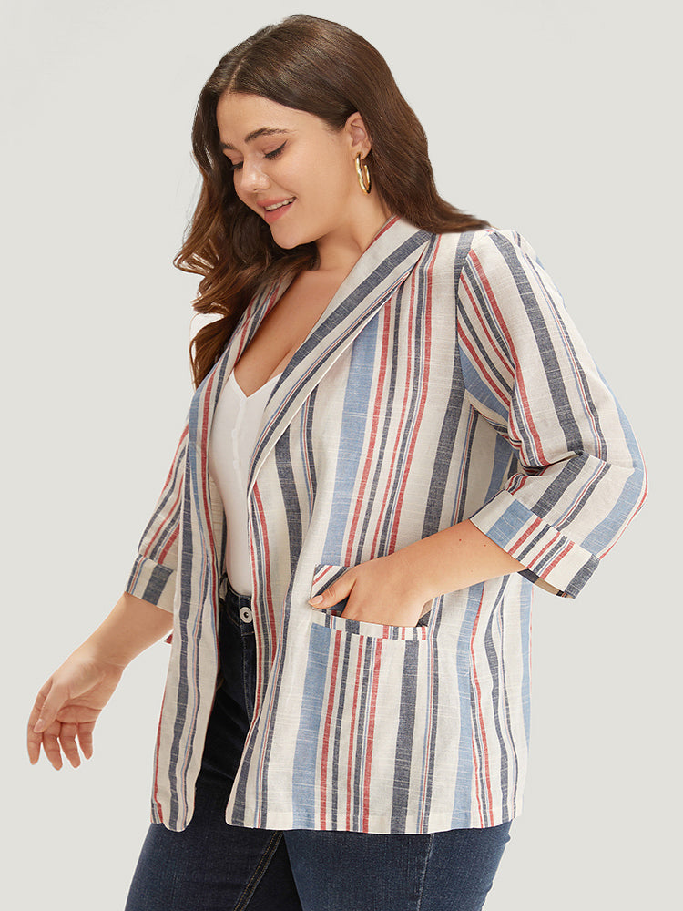 Striped Lapel Collar Pocket Open Front Blazer