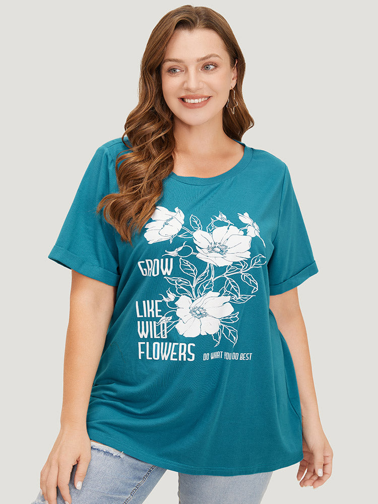 Floral & Letter Roll Sleeve T-shirt