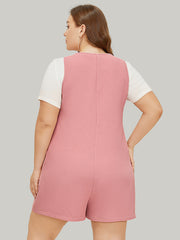 Solid Pocket Waffle Knit Button Detail Tank Romper