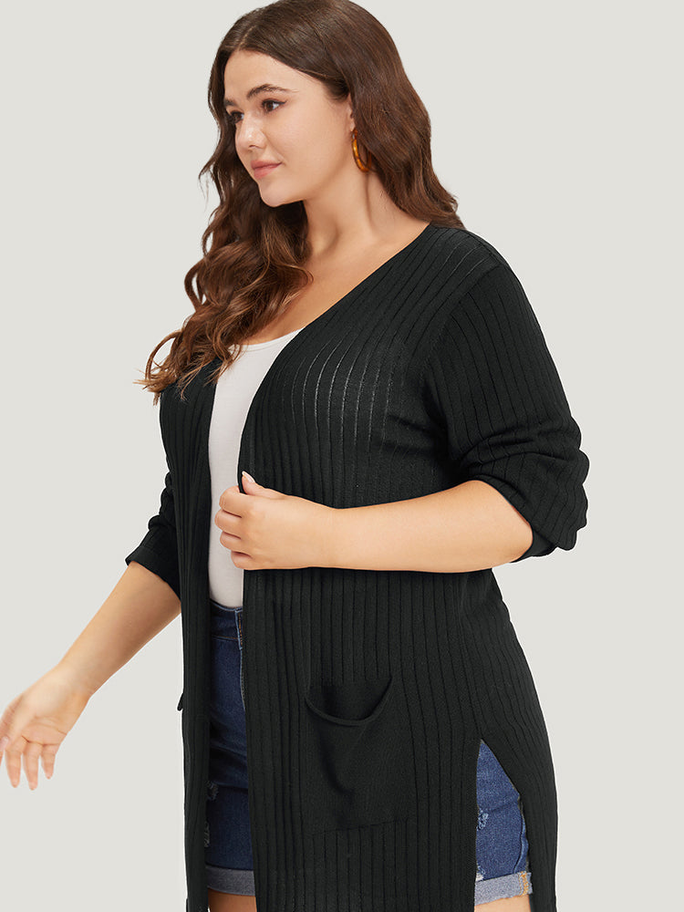 Solid Rib Knit Pocket Lightweight Tunic Cardigan