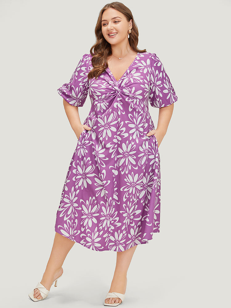 Floral Print Puff Sleeve Pocket Twist Front Dress
