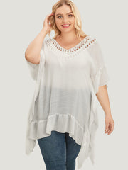 Solid Ruffle Trim Dolman Sleeve Lace Asymmetrical Hem Knit Top