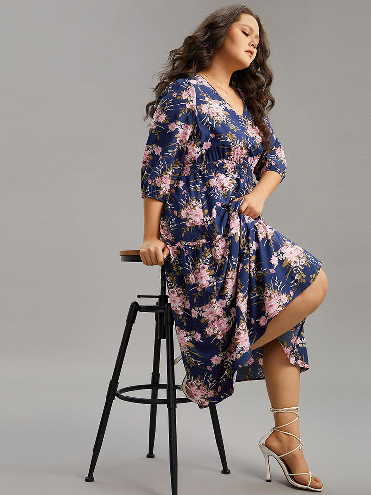 Floral Print Shirred Elastic Cuffs Dress