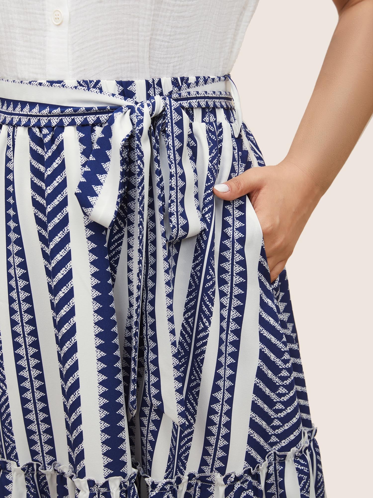 Bandana Geometric Belted Patchwork Ruffle Hem Skirt
