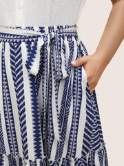 Bandana Geometric Belted Patchwork Ruffle Hem Skirt