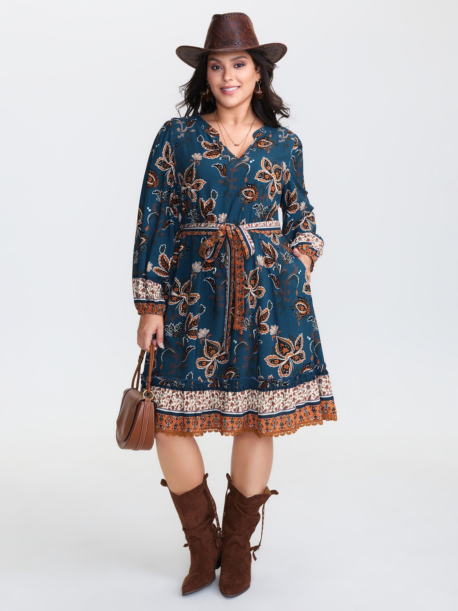 Floral Print Pockets Belted Waist Midi Dress