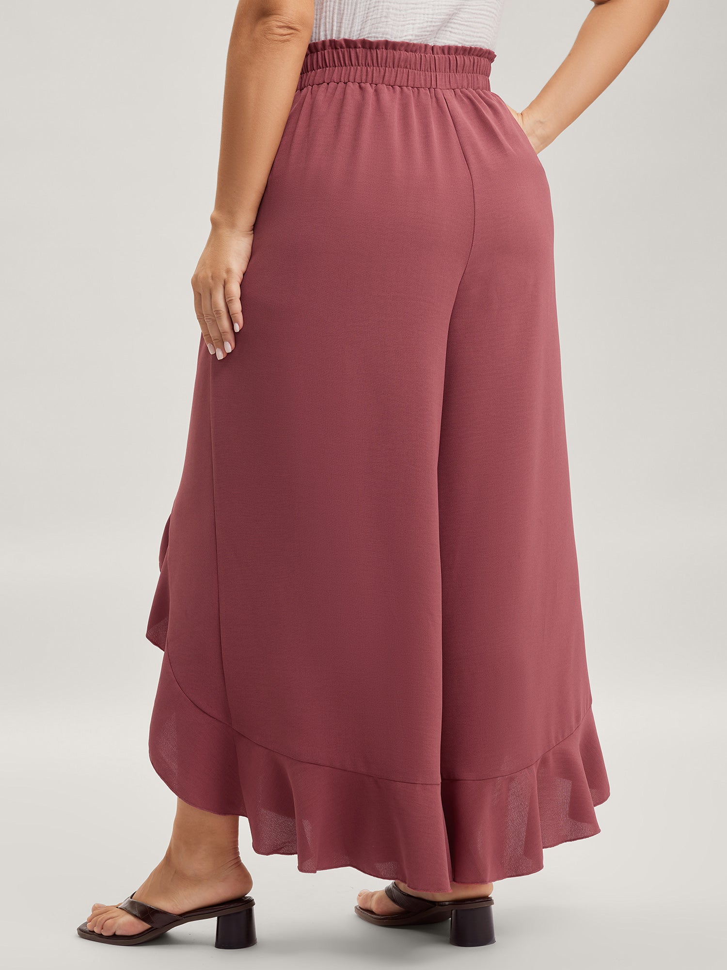 Ruffled Hem Waist-Tie Wide-Leg Pants