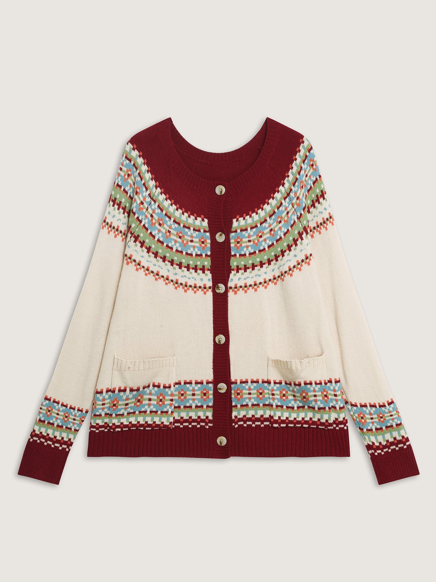 Fair Isle Button-Front Pockets Cardigan