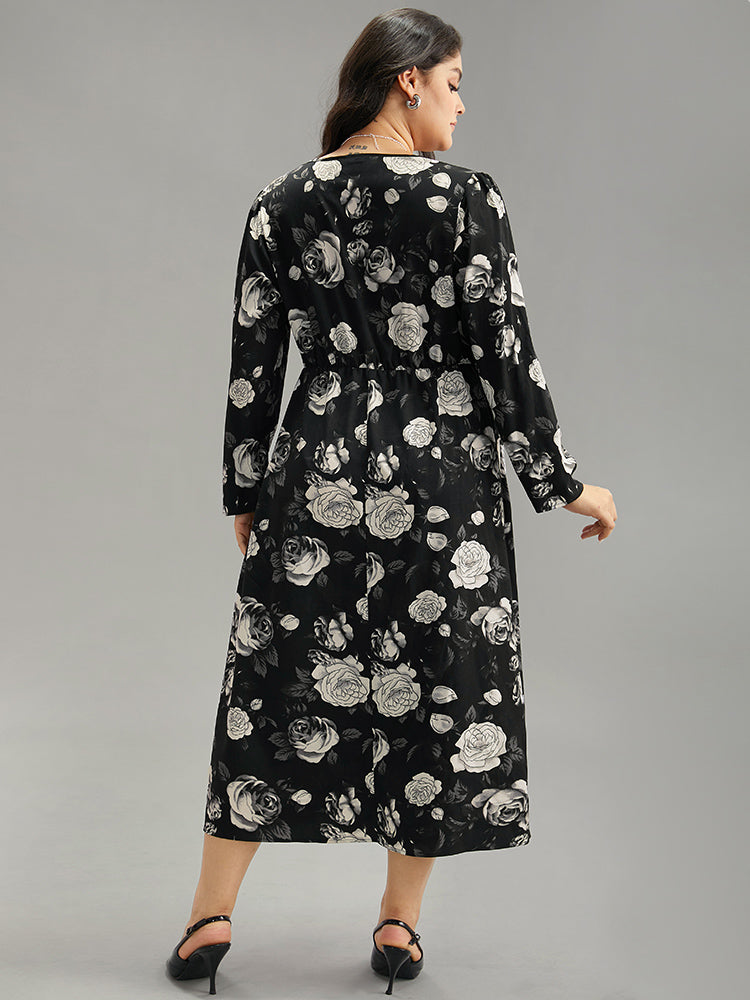Floral Print Pocket Elastic Waist Wrap Dress