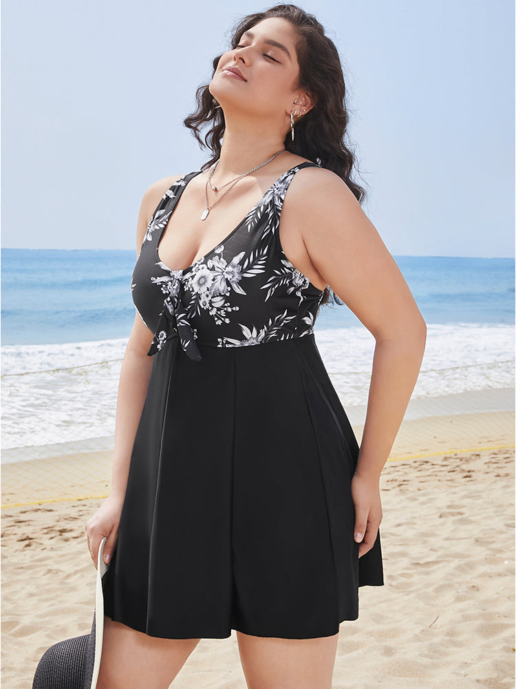 Floral Patchwork Knotted Front Split Swim Dress