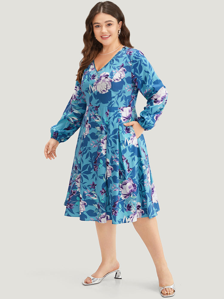 Floral Print Pleated Flutter Zipper Dress