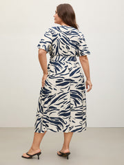 Abstract Print Belted Pockets Midi Dress