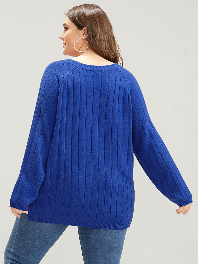 Solid Pointelle Knit Cut Out Split Hem Rib Knit Top