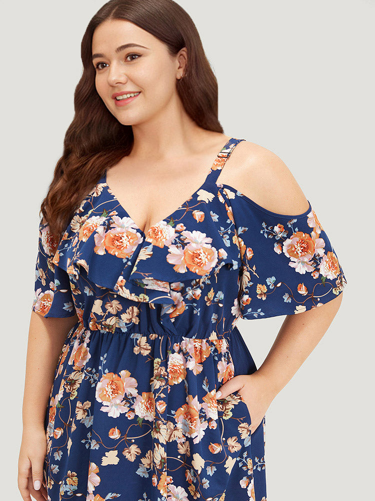 Floral Print Ruffle Trim  Elastic Waist Cold Shoulder Dress