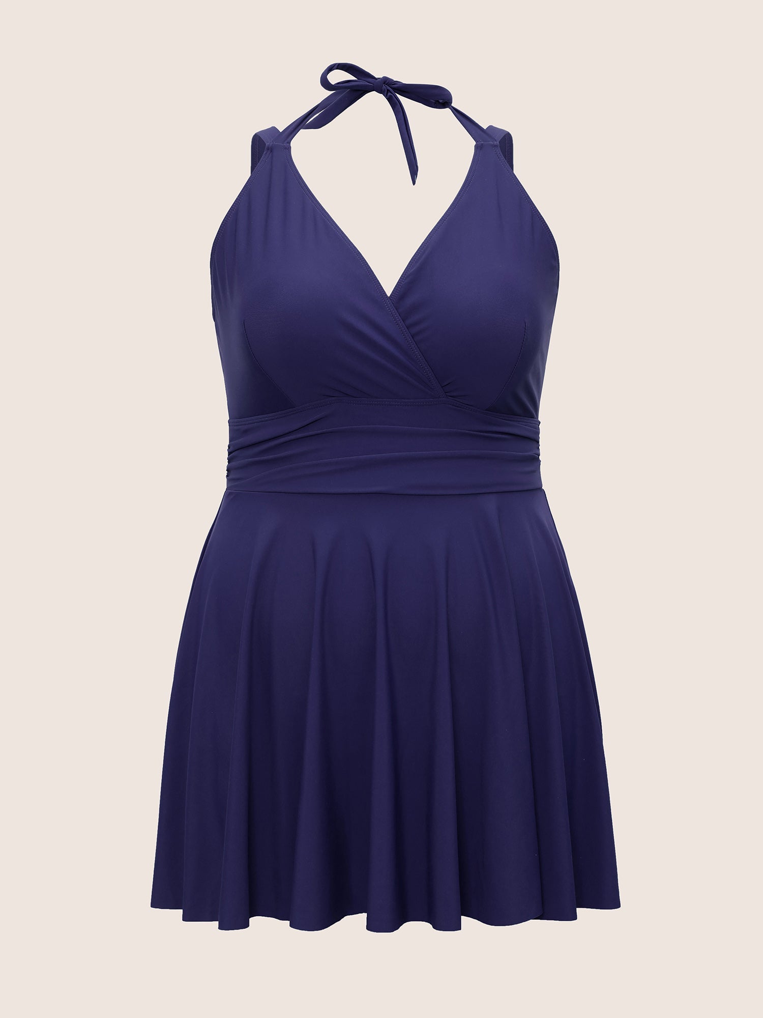 Solid Ruffle Hem Empire Waist Halter Neck Swim Dress